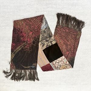 Pazuki London Made In London Floral Patchwork Fringe Trim Long Silk Velvet Scarf